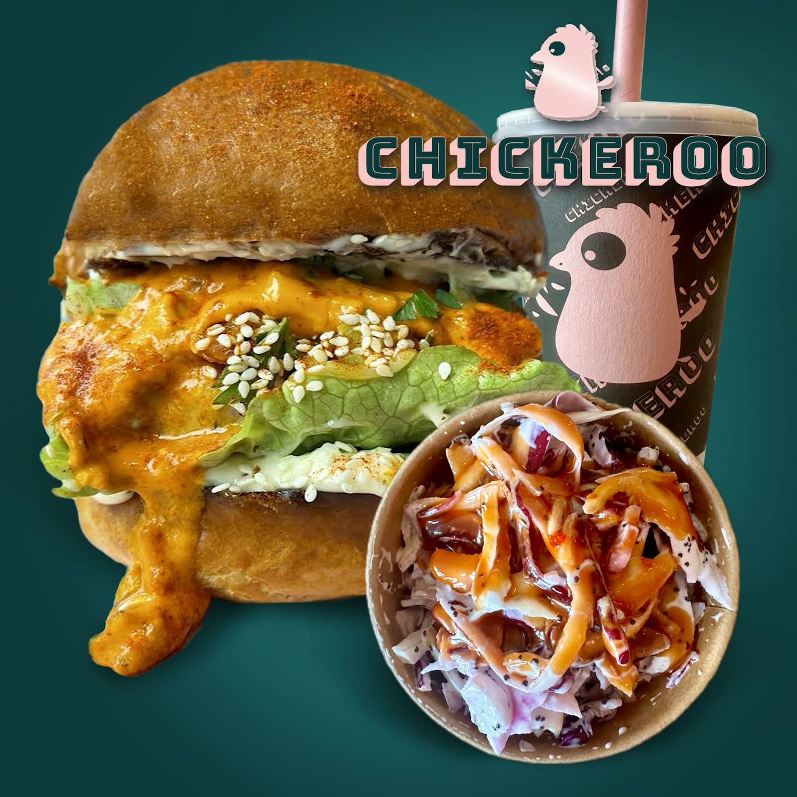 Chickeroo burger, shake and slaw combo